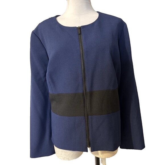 Kasper Suit Jacket Blazer 18W Blue Black Trim Zip Front Classic Stretch NEW - Picture 1 of 13
